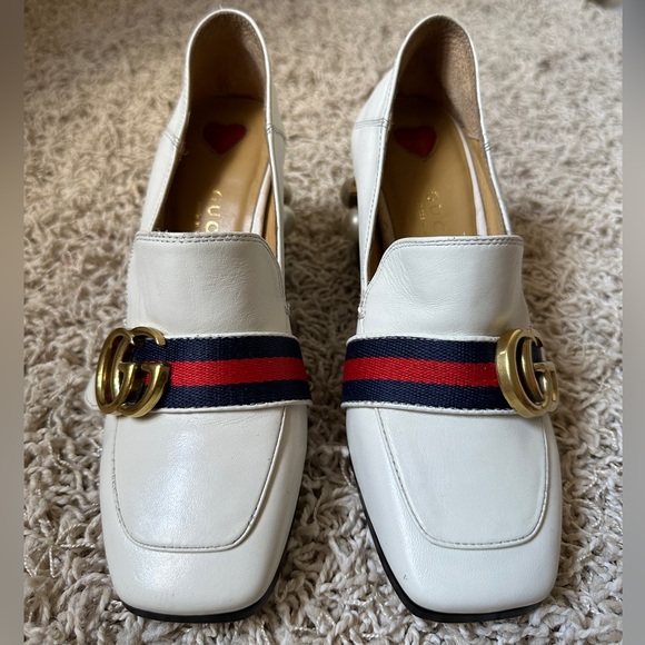 GUCCI Beige Leather Peyton GG Marmont Web Crystal Embellished Block Heel… - Picture 3 of 12